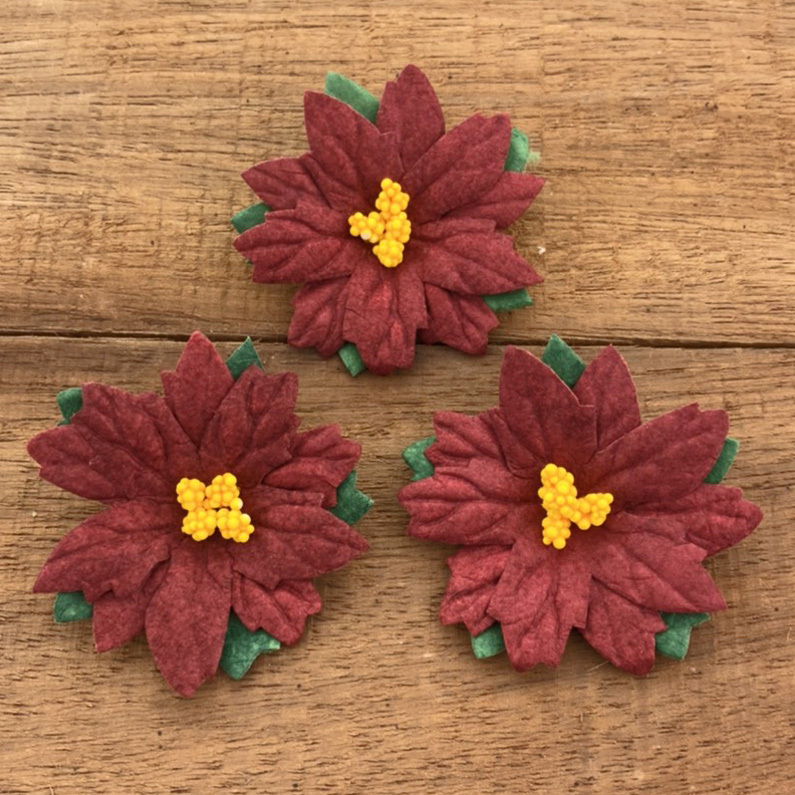 25 LARGE DEEP RED MULBERRY PAPER FLOWER POINSETTIAS - 50mm